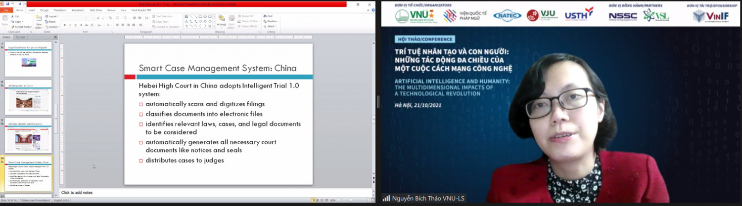 Bà Nguyễn Thị Bích Thảo, Phó Chủ nhiệm phụ trách Bộ môn Luật Dân sự, Khoa Luật, ĐHQGHN với tham luận “Việc sử dụng AI trong hệ thống tư pháp dân sự: Quan điểm và thách thức đối với việc tiếp cận công lý”